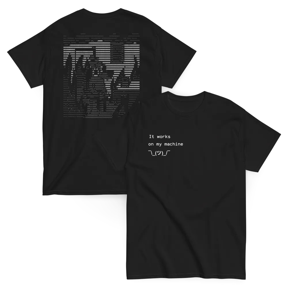 It Works on My Machine developer t-shirt - Classic programming humor shirt featuring the famous developer excuse phrase